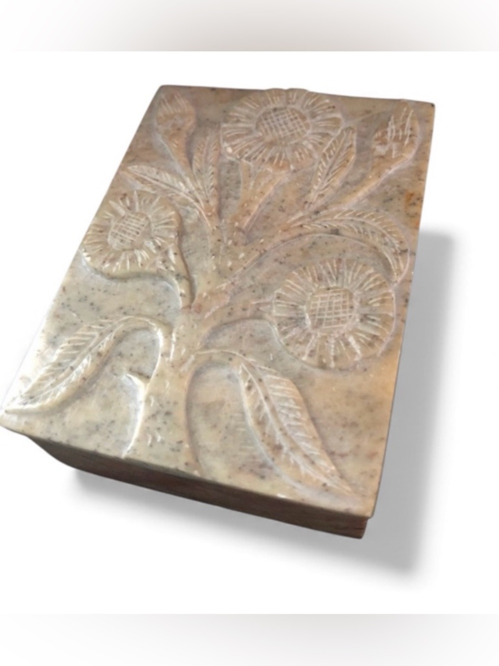 Handcrafted Floral Carved Stone Keepsake Trinket Box